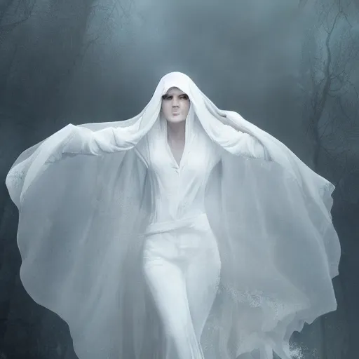 Image similar to white female dancing gost weared with white veils, matte painting, cinematic, epic composition, detailed, atmospheric, wide angle, artstation trending