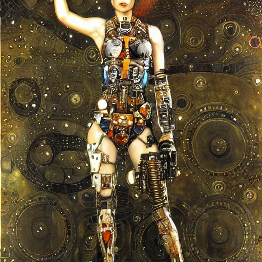 Image similar to cybernetic female supersoldier armed with laser rifle, intricate detail, klimt, royo, whealan,