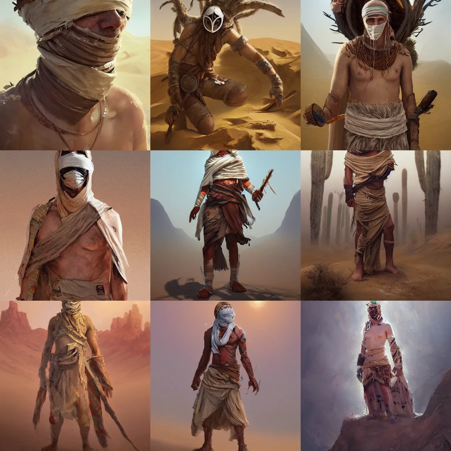 Image similar to a desert druid wearing bandages all over his body, full body, covered in bandages, masked, greg rutkowski