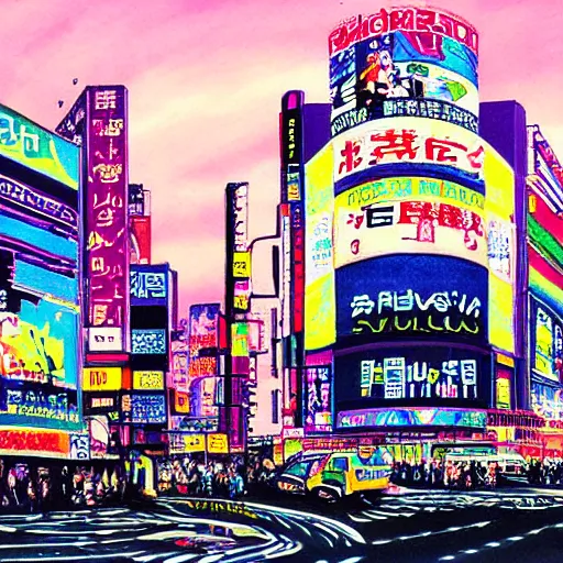Image similar to synthwave painting of cyberpunk shibuya tokyo,
