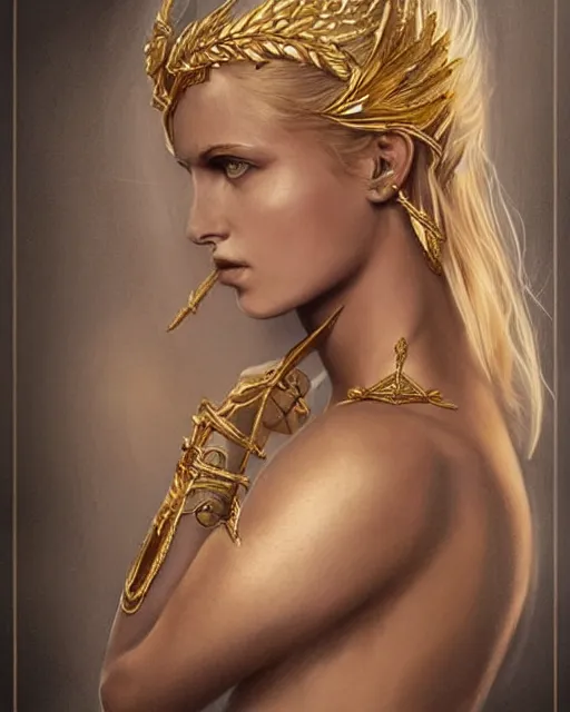 Image similar to tattoo design sketch of hot blonde super model as aphrodite greek goddess wearing a gold laurel wreath and triangle earrings, beautiful piercing gaze with sharp pupils, in the style of greg rutkowski, fantasy, amazing detail, epic, elegant, smooth, sharp focus, front view