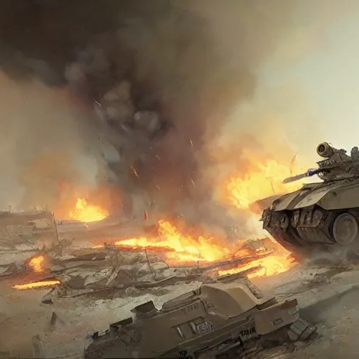 Image similar to Tank battle in the White house, amid destruction and fire by Greg Rutkowski