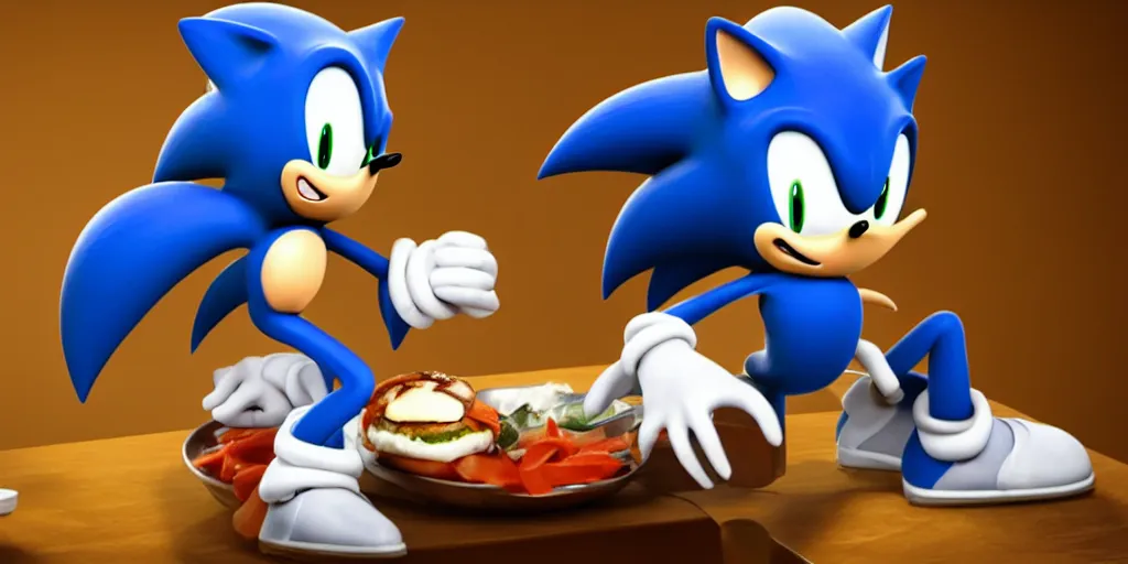 Image similar to A render of Sonic sitting across from Shadow at a restaurant, Sonic looks like he is shocked, Shadow is looking away in disgust, they both have hamburgers in front of them on a plate, movie, HDR, warm lighting, interesting camera angle