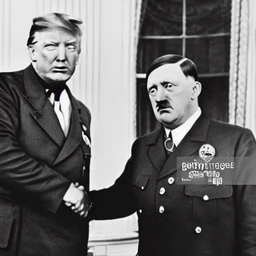 Image similar to Adolf Hitler shaking hands with Donald Trump in the oval office, press-photo, smiling, detailed