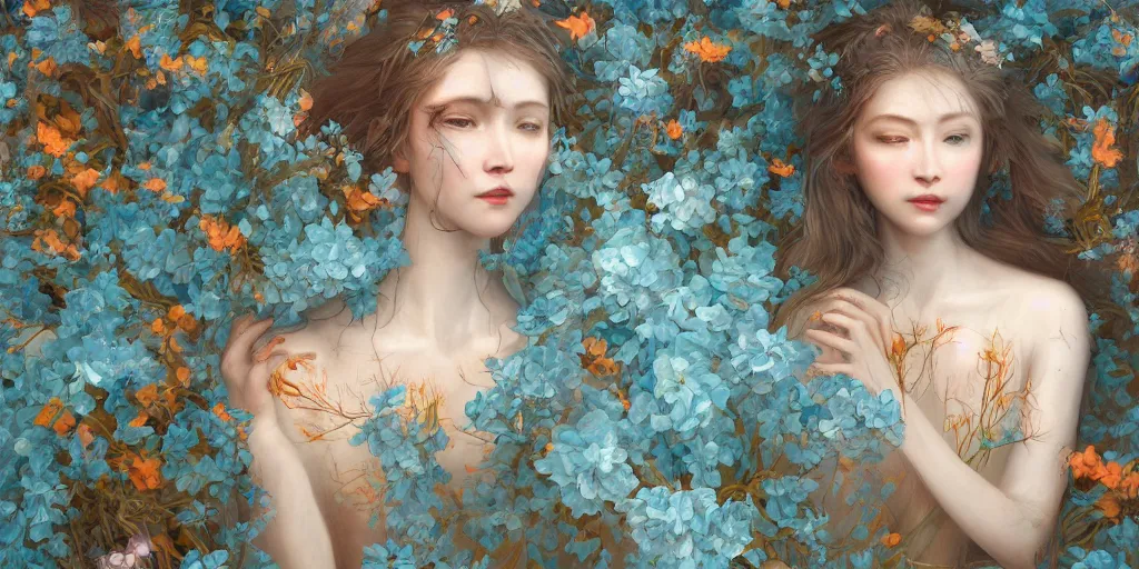 Image similar to breathtaking detailed concept art painting portrait of two hugs goddess of light blue flowers, carroty hair, orthodox saint, with anxious piercing eyes, ornate background, amalgamation of leaves and flowers, by hsiao - ron cheng, extremely moody lighting, 8 k