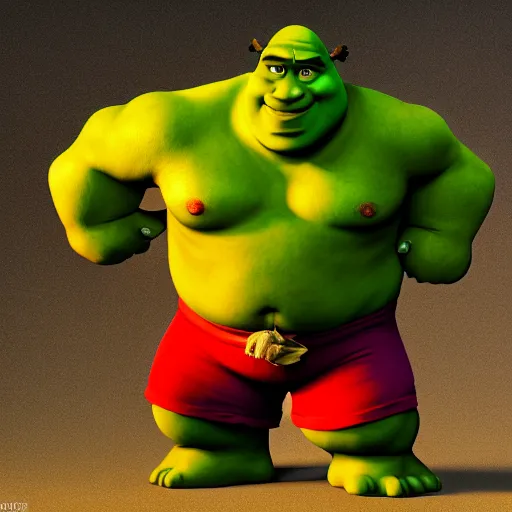 Image similar to muscular shrek with red glowing eyes, highly detailed, high quality, hd, 4 k, 8 k, canon 3 0 0 mm, professional photographer, 4 0 mp, lifelike, top - rated, award winning, realistic, sharp, no blur, edited, corrected, trending