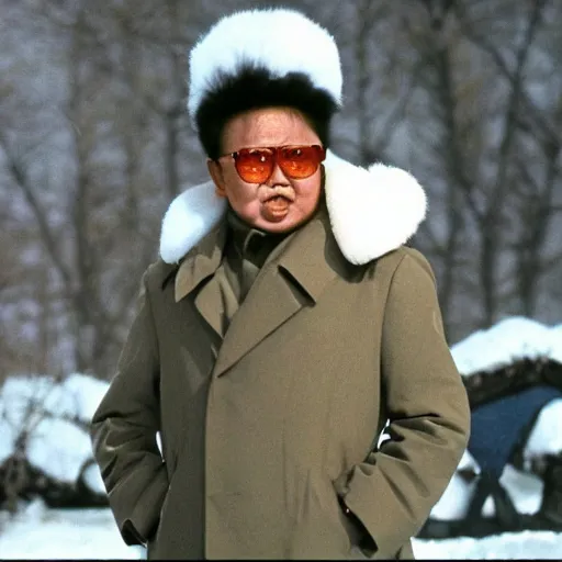 Image similar to filmstill of Kim Jong-il wearing a furry chapka and playing the role of Omar Sharif in Doctor Zhivago by David Lean, 1965, cinemascope, Eastman Color Negative 50T 5251 Neg. Film, epic romance