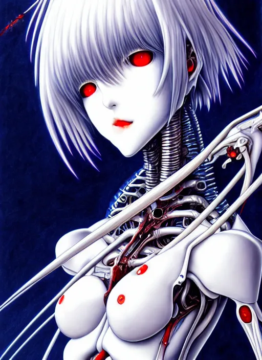 Image similar to Rei Ayanami by Yoshitaka Amano, by HR Giger, biomechanical, profile portrait, 4k, wide ayes, hyper detailed, hyperrealism, anime, a Blood Moon rising on a Broken World 4k very detailed deviantart artstation