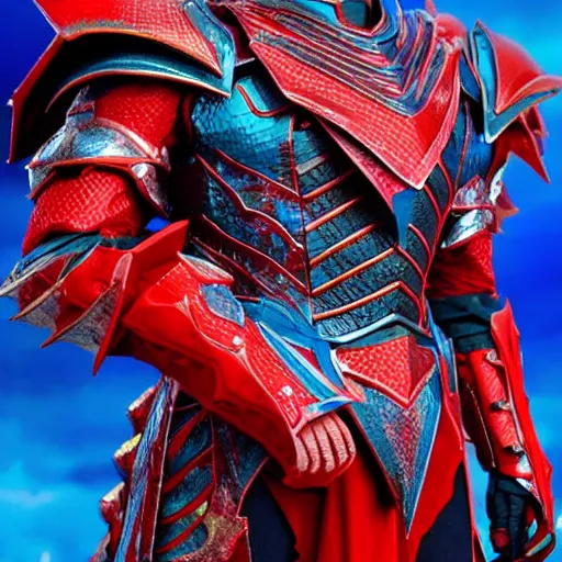 Image similar to High Fantasy Dragon Kamen Rider, blue armor with red secondary color, 4k, glowing eyes, daytime, chainmail under armor, rubber suit, dragon inspired armor