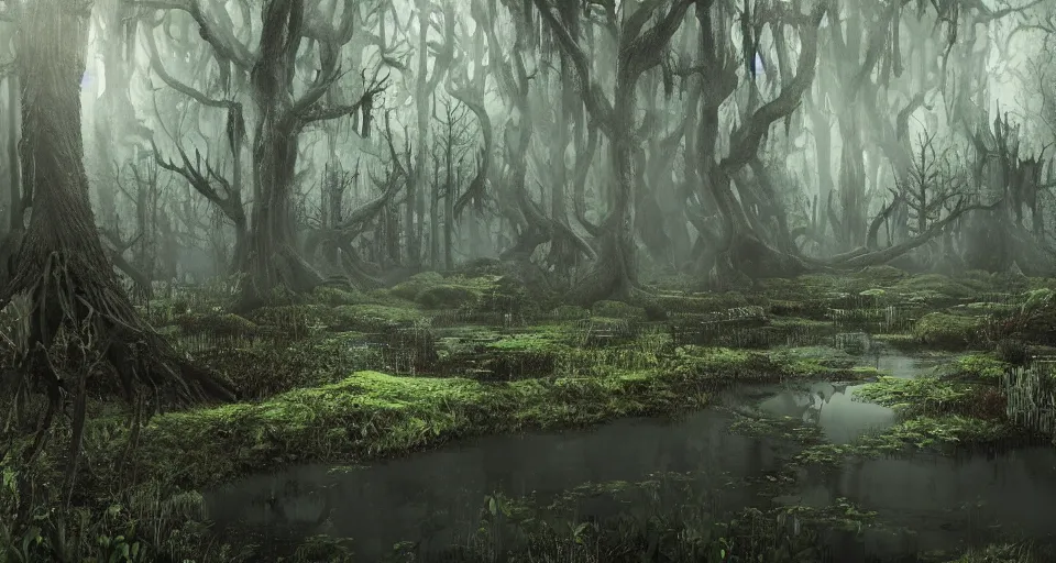 Prompt: A dense and dark enchanted forest with a swamp, from Final fantasy