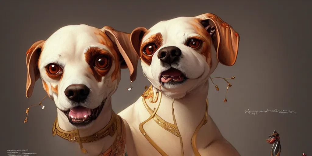 Image similar to painting of a funny dog, decorated, intricate, elegant, highly detailed, digital painting, artstation, concept art, smooth, sharp focus, illustration, art by artgerm and greg rutkowski and alphonse mucha, 8 k