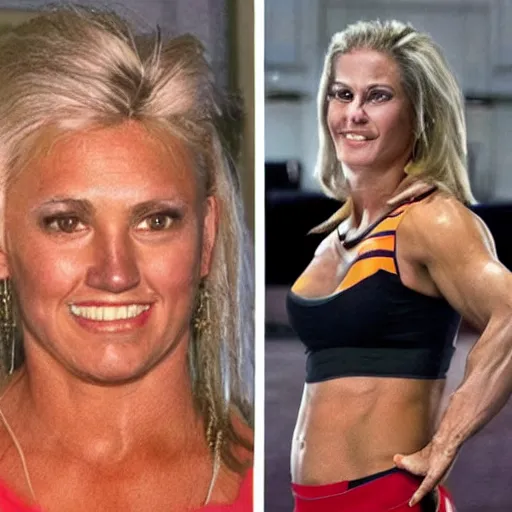 Image similar to a woman who is a genetic combination of hulk hogan and donald trump face and upper - body focus