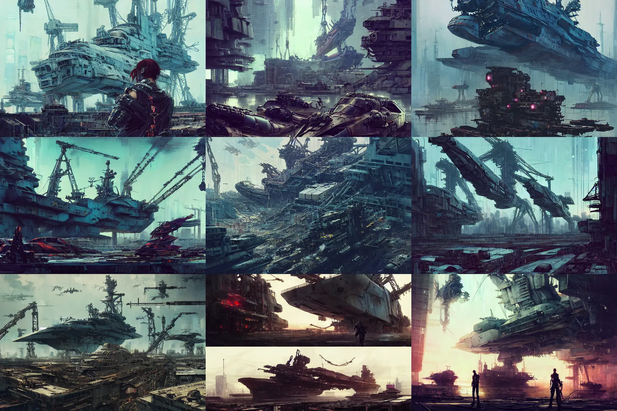 Prompt: hyper - realistic cyberpunk portrait of abandoned futuristic gigantic battleship graveyard, giant cranes, explosions, extreme detail, rule of thirds, in style of col price, yoji shinkawa, pan ren wei, atey ghailan, by greg rutkowski, by greg tocchini, by james gilleard, by joe fenton, by kaethe butcher, grunge aesthetic