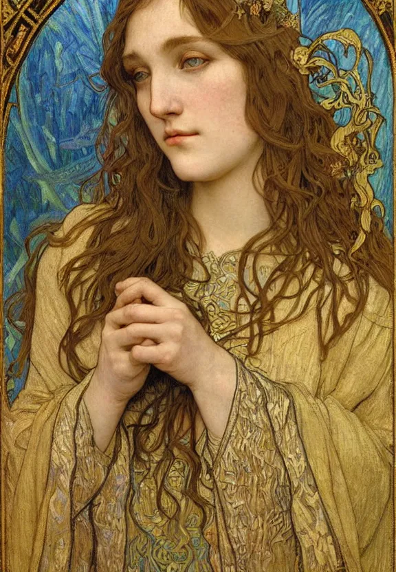 Image similar to detailed realistic beautiful young medieval queen face portrait by jean delville, alphonse mucha, vincent van gogh, and marco mazzoni, art nouveau, symbolist, visionary, gothic, pre - raphaelite