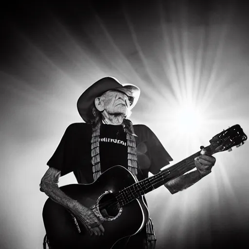 Prompt: willie nelson on stage, four fingers holdingguitar. god rays through fog. shallow depth of field