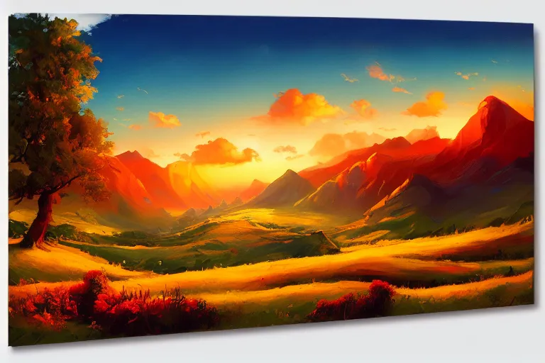 Image similar to a beautiful colorful nature landscape with clouds, mountains, in background, sunset, by rhads