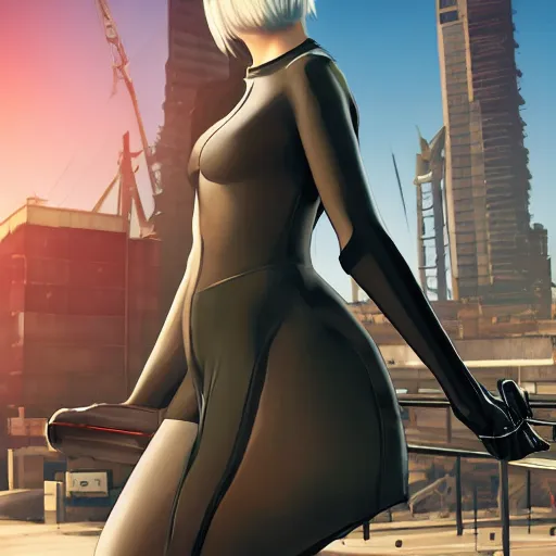 Prompt: 2 b nier automata in gta v, cover art by stephen bliss, artstation, 4 k