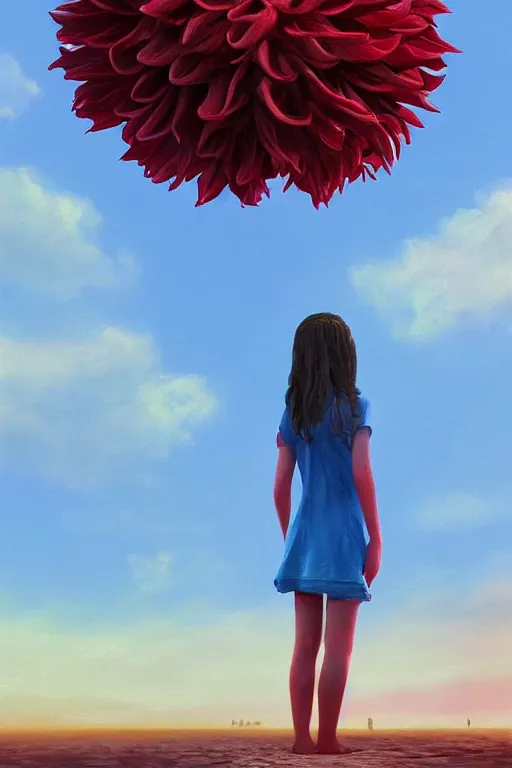 Image similar to closeup giant dahlia flower head, girl standing on beach, surreal photography, blue sky, sunrise, dramatic light, impressionist painting, digital painting, artstation, simon stalenhag