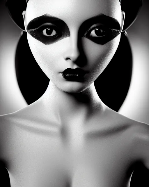 Image similar to surreal mythical dreamy dark artistic black and white fine art 3 / 4 fashion portrait photo of a young beautiful delicate female robot with orchid - owl face, rim light, cinematic, studio dramatic light, poetic, masterpiece, octane render, 8 k, photo - realistic by hg giger and man ray