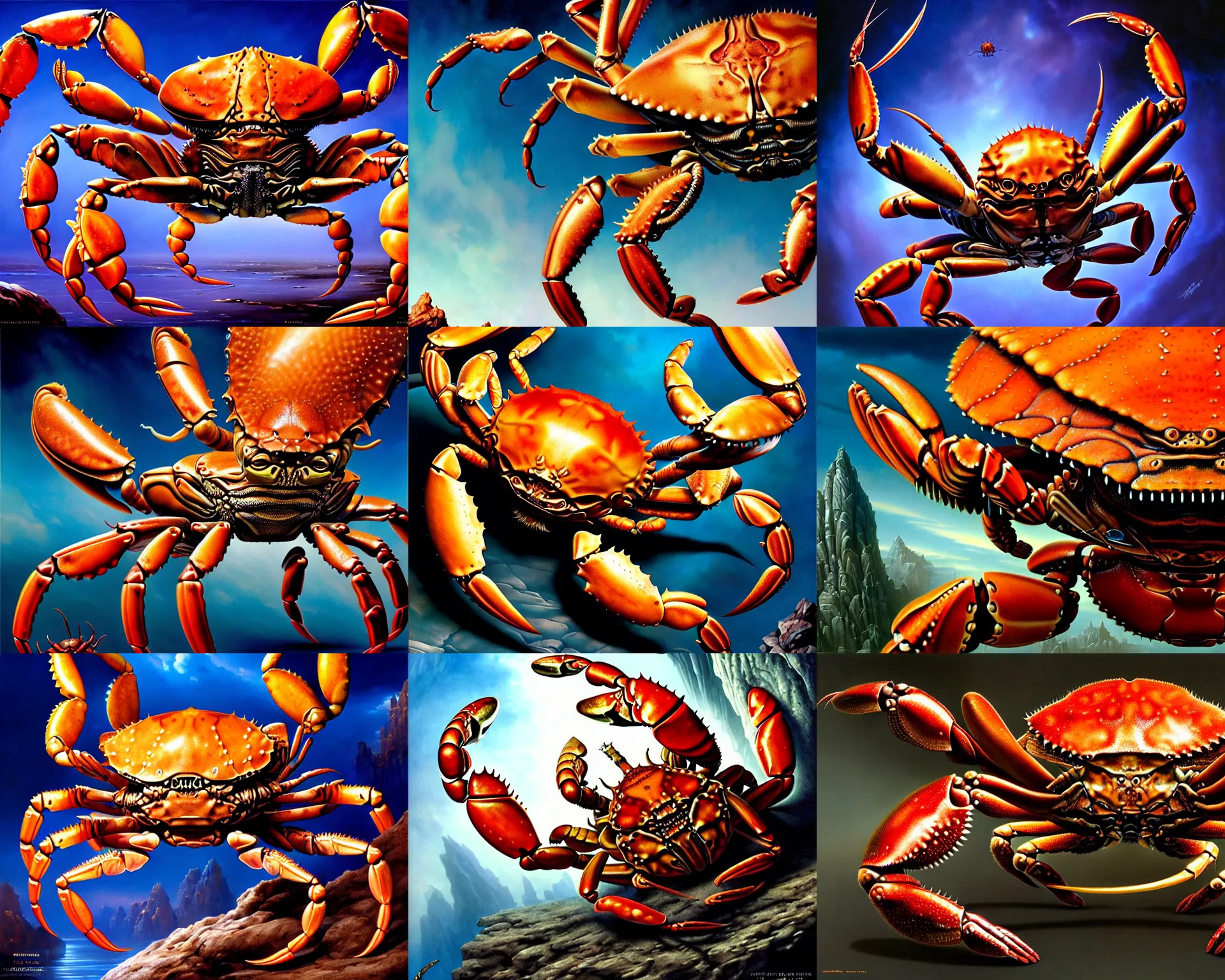 Prompt: a humanoid crab, fantasy art portrait, ultra realistic, cinematic, wide angle, tiger skin, highly detailed by boris vallejo, scott roberston, marco plouffe, neville page, aaron horkey, wayne barlowe, craig mullins, roberto ferri, hajime sorayama
