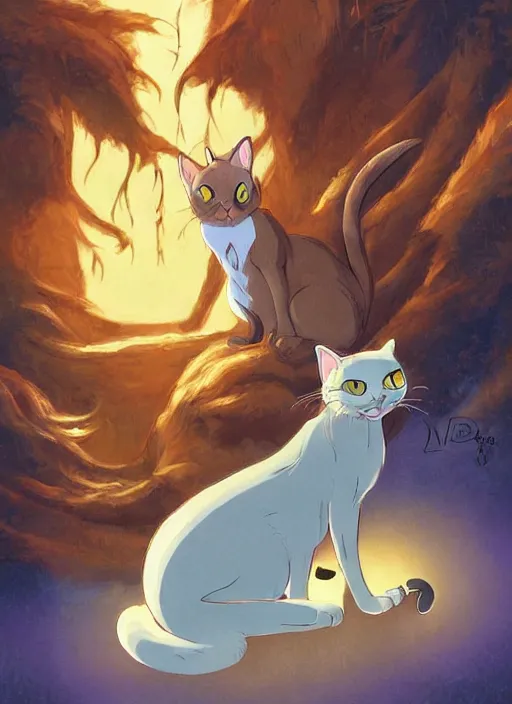 Image similar to official digital painting artwork of a cat character by don bluth, ross tran and studio ghibli.