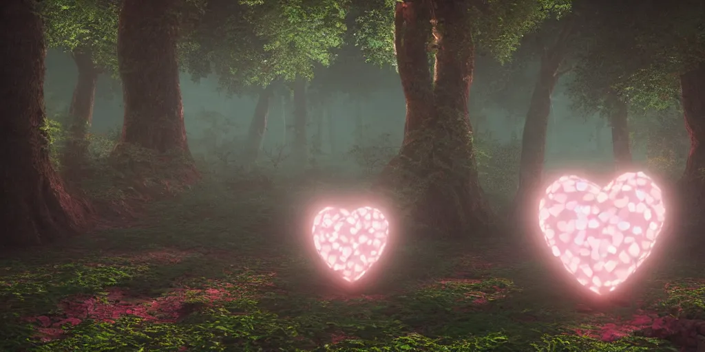 Prompt: rose gold heart in a mystical forest, concept art, artstation, octane render, v-ray, 8k, C4D