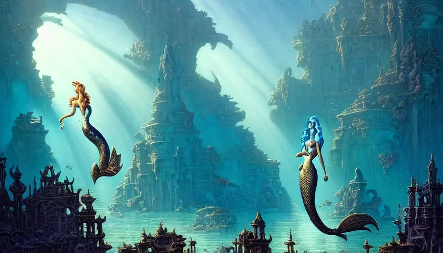 Prompt: a beautiful mermaid looking at the sunken city of Atlantis under water, rays of sunlight, stunning undersea intricate detailed grand architecture in the style of Joe Fenton, art style by Greg Rutkowski and Mohrbacher, graceful mermaid style by Tom Whalen, deep underwater scene, dark and moody, faint volumetric god rays, grim crushing atmosphere, trending on artstation, masterpiece, claustrophobic