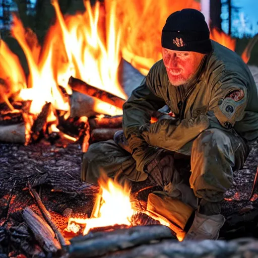 Image similar to veteran special operations officer living off the grid cooking at a campfire