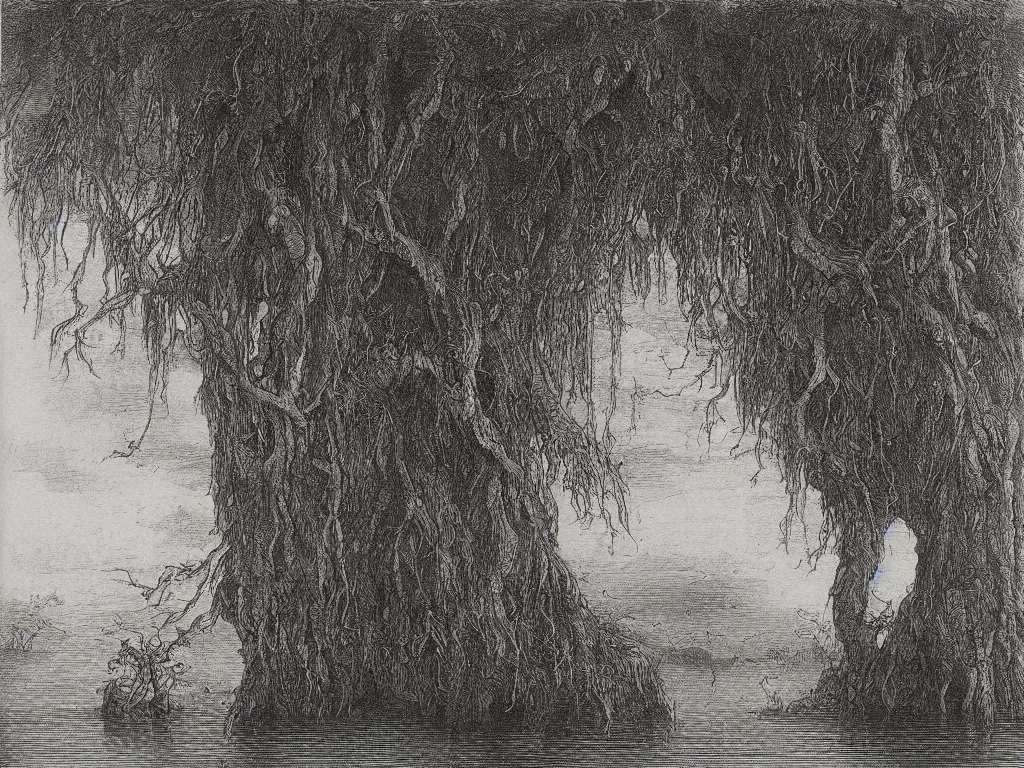 Image similar to Strange albino blue eyed man shoulders deep in a dark lake in the evening. Aurora Borealis, strange Banyan trees. Painting by Albrecht Durer and Gustave Doré, ink on paper.