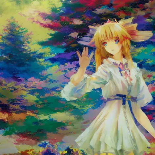 Prompt: Beautiful abstract impressionist painting of Kirisame Marisa from the Touhou project waving from afar, touhou project official artwork, danbooru, oil painting by Antoine Blanchard, wide strokes, pastel colors, soft lighting sold at an auction