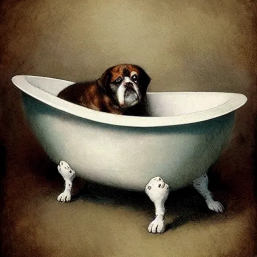 Image similar to ( ( ( ( ( cute dog inside a bathtub. muted colors. ) ) ) ) ) by jean - baptiste monge!!!!!!!!!!!!!!!!!!!!!!!!!!!