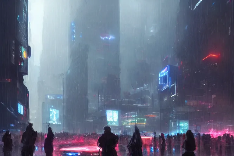 Image similar to dramatic artstation illustration of a crowd of people at a city intersection, surrounding giant holographic avatar by greg rutkowski, cyberpunk, raining