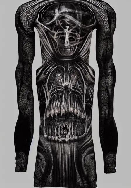 Image similar to henley tshirt inspired by h. r. giger designed by alexander mcqueen