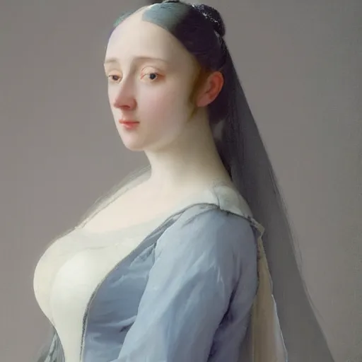 Prompt: a portrait of a young woman, her hair is white, she wears a long flowing blue satin veil, by ivan aivazovsky and and pieter claesz and paul delaroche and alma tadema and and willen claesz heda and aelbert cuyp and gerard ter borch, hyperrealistic, rendered in octane