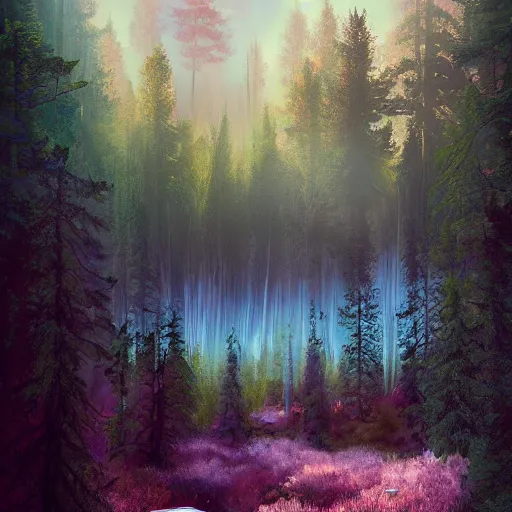 Image similar to solace, peaceful, clouds, beautiful, woods, trees, pine, nice view, gradient of pink and blue, mystical realistic poster with shaded lighting by craig mallismo, artgerm, jeremy lipkin and michael garmash, radiant light, detailed and complex environment, city, utopia, spirituality, sacred geometry, with implied lines