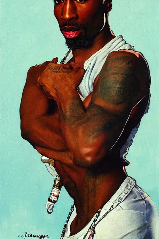 Prompt: Tupac, illustrated in whimsical style, Illustration by Norman Rockwell, loish, oil painting,