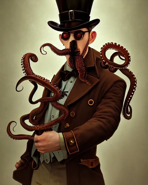 Prompt: steampunk male octopus portrait, handsome, steampunk hat, detective coat, steampunk monocle, complex 3 d render by ilya kuvshinov, peter mohrbacher, greg rutkowski, ryohei hase, dramatic lighting, intricate, highly detailed, sharp focus, luminous, unreal engine, blender, artstation, masterpiece, ray tracing