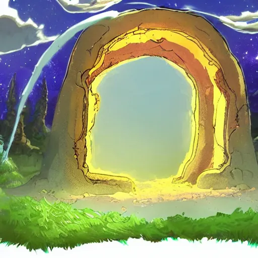 Prompt: a portal in ruins, glowing with its final power. in a landscape like forest. in the style of studio ghibli