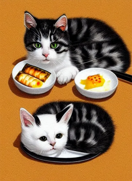 Image similar to clear photorealistic picture of adorable cats made out of sushi