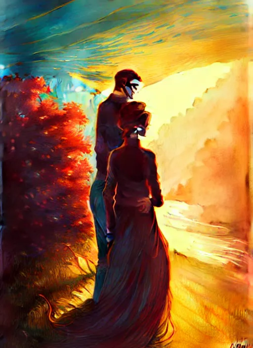 Image similar to contre - jour young couple path traced, highly detailed, high quality, digital painting, alena aenami, lilia alvarado, shinji aramaki, karol bak, alphonse mucha, tom bagshaw