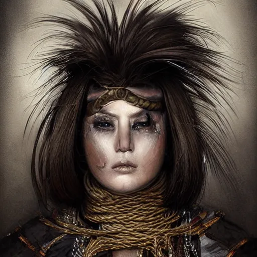 Prompt: portrait of a Shibari rope wrapped face and neck, headshot, insanely nice professional hair style, dramatic hair color, digital painting, of a old 15th century, roman gladiatorr, amber jewels, baroque, ornate clothing, scifi, realistic, hyperdetailed, chiaroscuro, concept art, art by Franz Hals and Jon Foster and Ayami Kojima and Amano and Karol Bak,