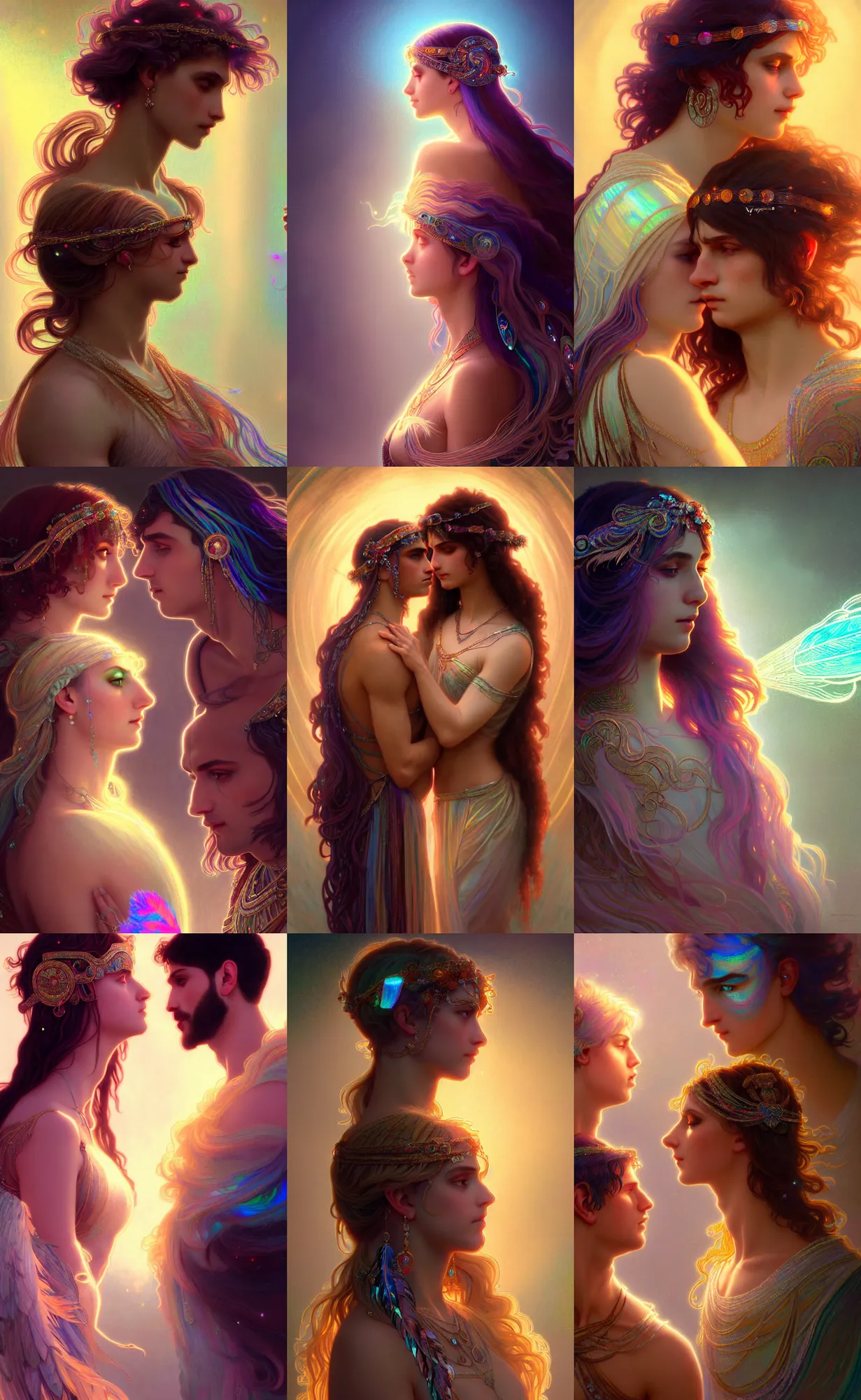 Prompt: roman and gypsy culture crossover, male and female, iridescent and opalescent, twilight, refractive crystal, elegant, feather hair ornaments, highly detailed, digital painting, glowing particles, misty, cinematic lighting, god rays, smooth, sharp focus, art by nixeu, by wlop, by alphonse mucha.