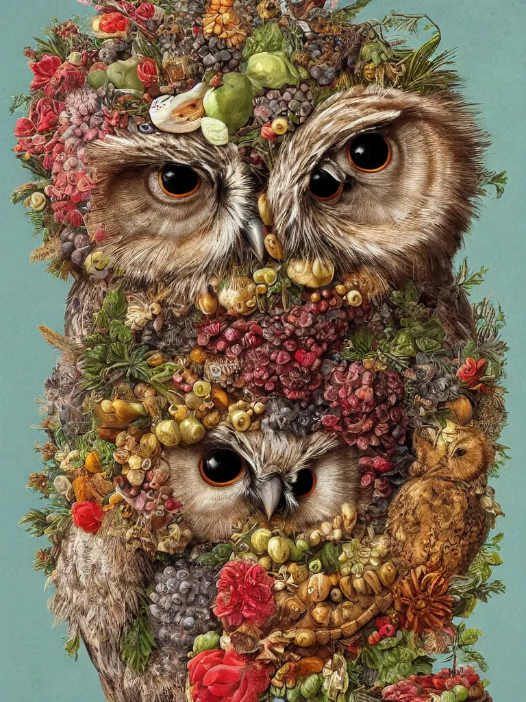 Prompt: Highly detailed cute owl in the style of Guiseppe Arcimboldo, sharp, masterpiece, artstation