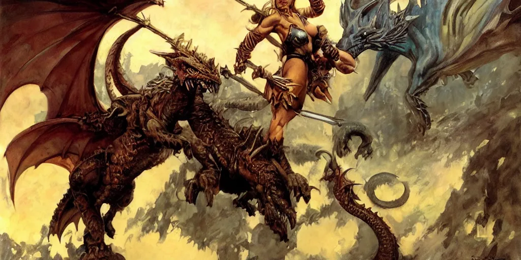 Image similar to portrait of a single barbarian princess riding a dragon into battle, intricate, elegant, highly detailed, digital painting, art by frank frazetta and boris vallejo