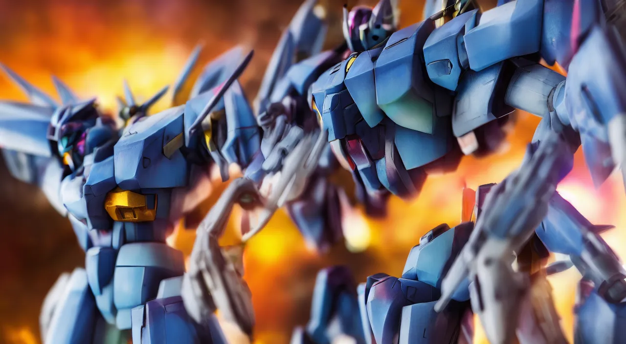 Image similar to medium close up view, Gundam,Guyver,colourful space, bokeh, blur, cinematic lighting