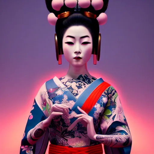 Image similar to an android geisha in a lotus position wearing a flowing kimono and tattoos, octane render, unreal engine, 8 k, cinematic, artwork by ilya kuvshinov