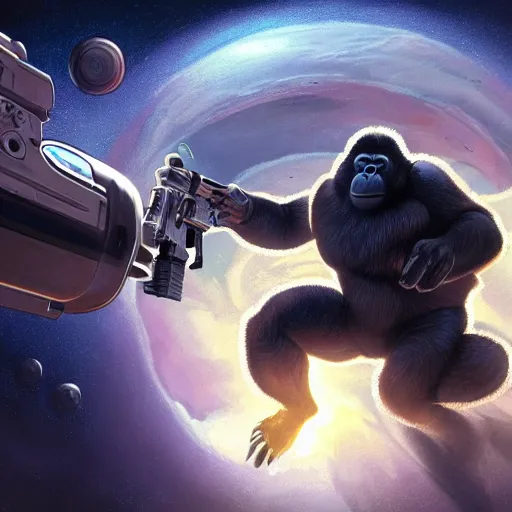 Prompt: detailed science - fiction character portrait of a silverback gorilla shooting a alien gun in space, intricate, wild, highly detailed, digital painting, artstation, concept art, smooth, sharp focus, illustration, art by artgerm and greg rutkowski and alphonse mucha