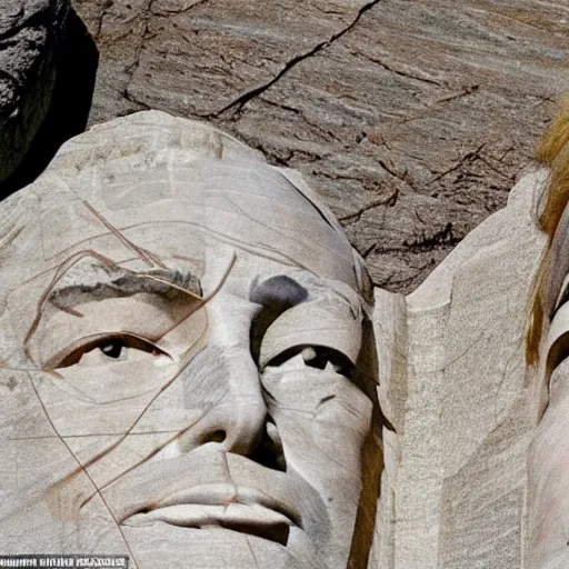 Image similar to donald trump's face carved into the rock on mount rushmore. the photo clearly depicts donald trump's facial features next to other former presidents, at a slightly elevated level, depicting his particular hair style carved into the stone at the mountain top, centered, balances, regal, pensive, powerful, just