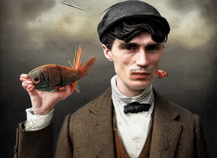 Image similar to thomas shelby with a shrimp on the head, lowbrow, matte painting, 3 - d highly detailed, in the style of mark ryden,