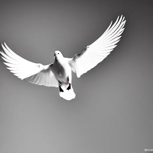 Image similar to a realistic photo of a white dove flying towards the camera, solid black background, high contrast, 8k, film grain, highly detailed, professional photography